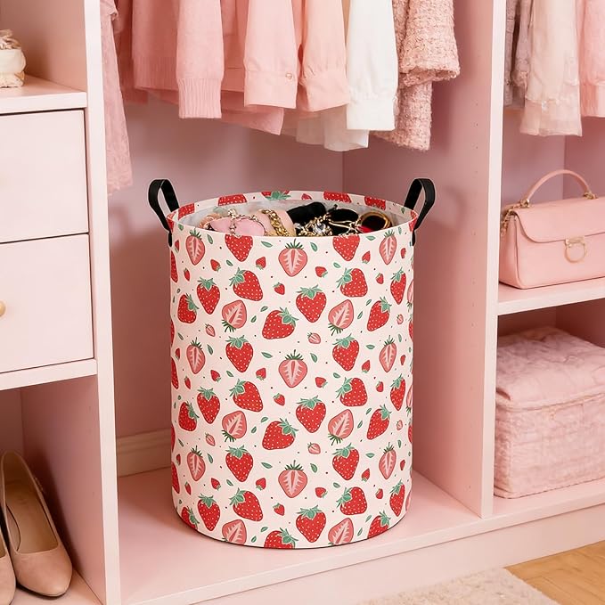 Laundry Hamper Large Canvas Fabric Lightweight Storage Basket/Toy Organizer/Dirty Clothes Collapsible Waterproof for College Dorms, Boys and Girls Bedroom,Bathroom(strawberry)