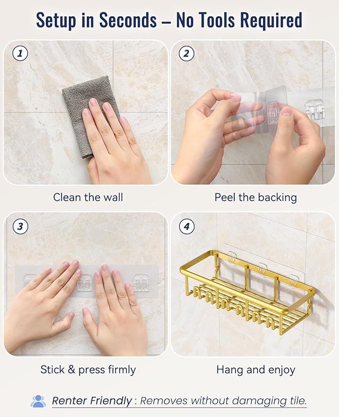 8 Pack Adhesive Rustproof Shower Shelves with Soap Dishes, Toothbrush Holder & Hooks, Large Capacity No-Drilling Shower Shelves Rack for Bathroom Organizers and Storage Accessories, Gold