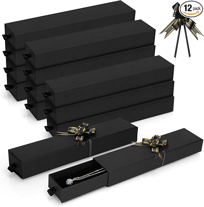 12-Pack Drawer Style Jewelry Gift Boxes with Sponge Insert, 8.7"x1.8"x1.2" Necklace & Bracelet Display Box for Presentation, Cardboard Storage Organizer for Pendant, Ring, Earring - Black