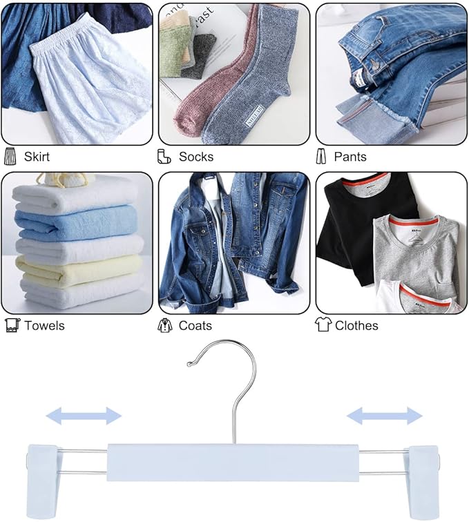 GUANJUNE Clothes Pants Hangers, Space-Saving Skirt Holders with 360 ° Swivel Hooks, Adjustable Clips, Trouser Hangers, Clothes Coat Garment Jeans Hangers (20 Pack, Blue)