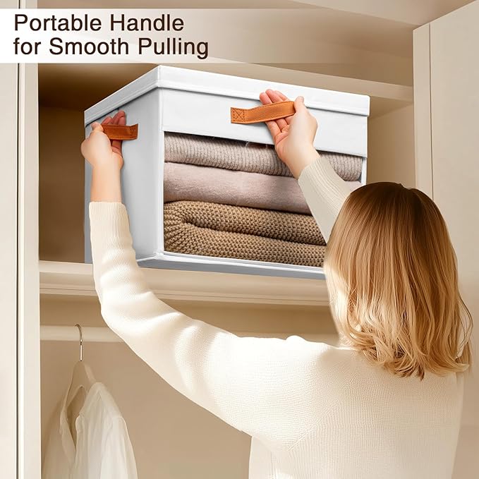 Homsorout Large Storage Bins with Lids - 4 Pack Foldable Decorative Organizers with Clear Windows & Handles, Cube Storage Organizers for Clothes, Blankets, Sweaters, CD, White