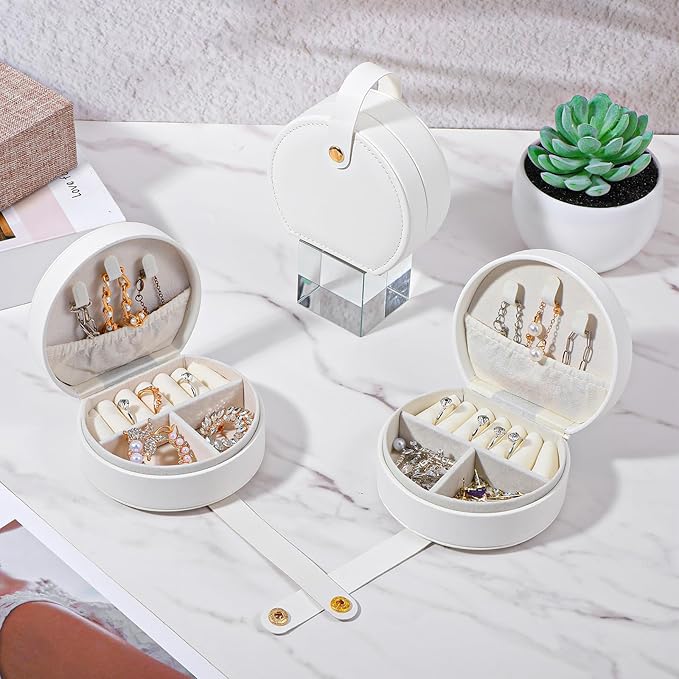 6 Pack Travel Jewelry Case, Mini Leather Bridesmaid Jewelry Gift Box Bulk, Half Moon Design, Detachable Handle, Small Earring Storage Organizer for Women Girls Bridesmaid Proposal Gifts (White)