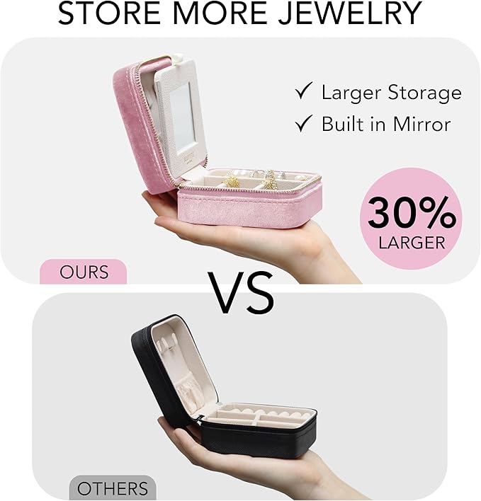 BLUTETE Travel Jewelry Box Organizer Velvet Travel Case With Mirror Ring Earrings Necklaces Storage Organizer Box (Light Pink)