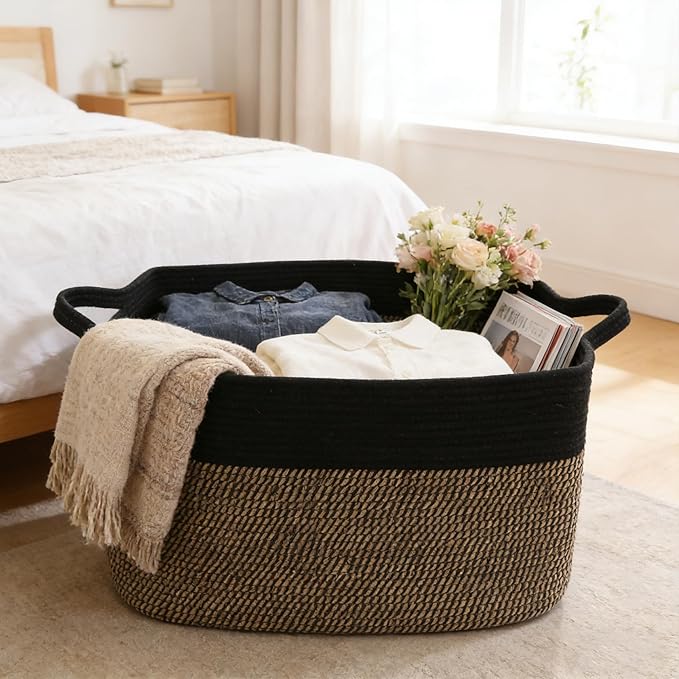 96L Large Blanket Basket,24"x16"x15"Rectangle Storage Bin with Handles,Woven Rope Laundry Basket for Toys, Clothes,Magazines,Home Organization,Nursery,Living Room & Bedroom,Black&Jute