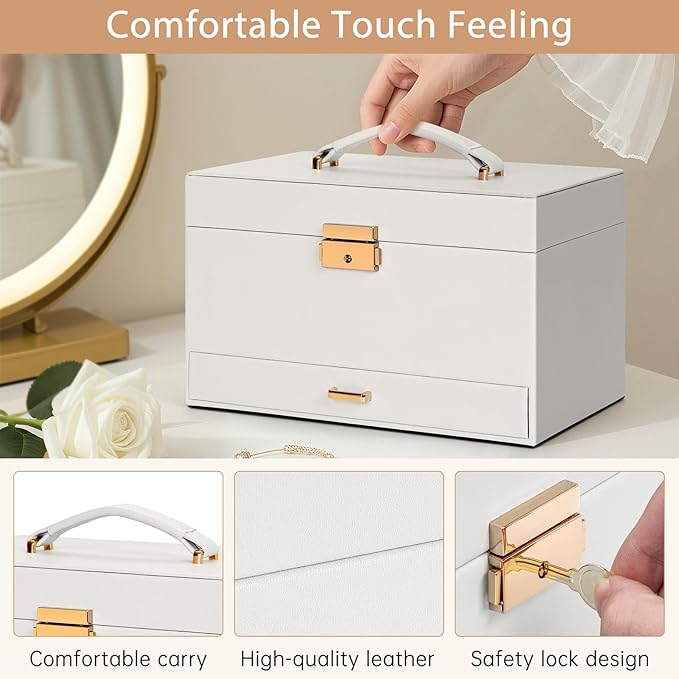 AKOZLIN Travel Jewelry Box Organizer Functional 2-trays Leather Jewelry Storage Case with Lockable Portable Drawer for Women Girls Ring Necklace Earring Bracelet