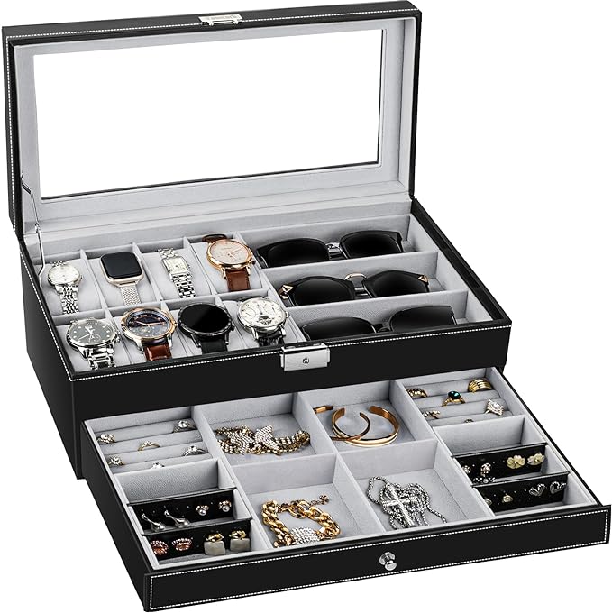 TomCare Watch Box Watch Case Jewelry Organizer Holder Jewelry Display Box Case Sunglasses Storage Organizer Lockable with Glass Top and PU Leather for Men Women, Black