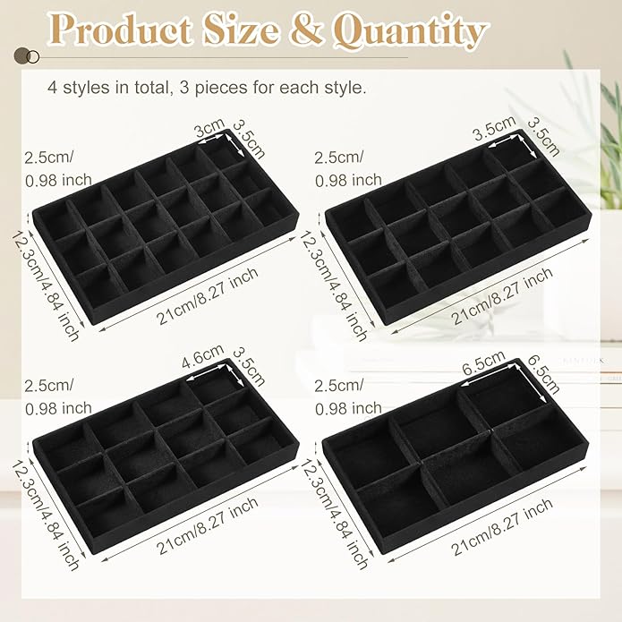 Junkin 12 Pcs Jewelry Tray Velvet Stackable Jewelry Organizer Trays Divided Earring Accessories Storage Containers Box (Rose Red)