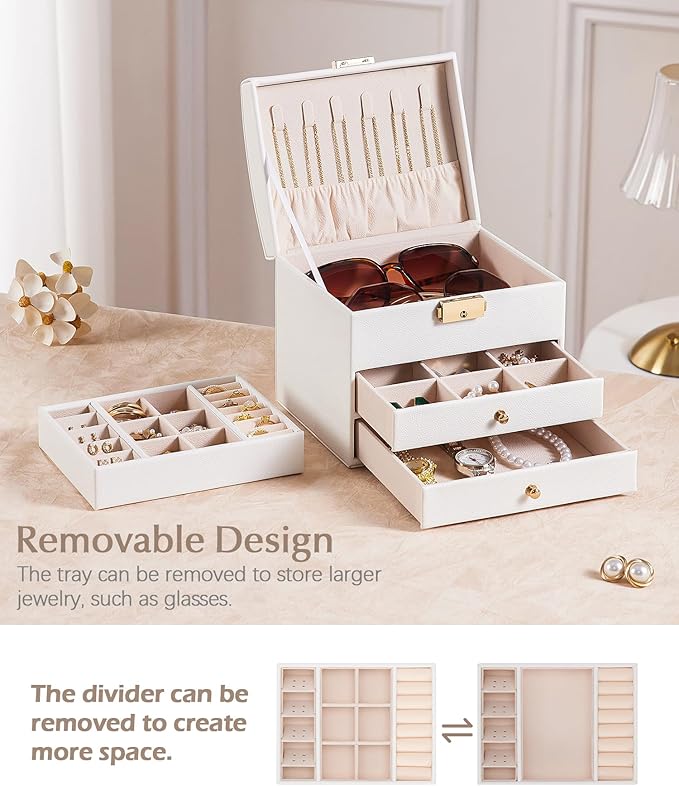 Homde Mothers Day Gifts Small Girls Jewelry Box with Lock: 3 Layer Organizer with Removable Tray - Storage for Ring Necklace Earring - Birthday & Return Gifts for Young Women (Cloud White)
