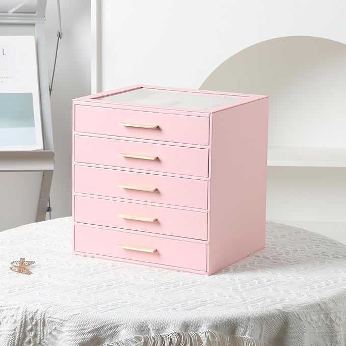 Frebeauty Clear Lid Jewelry Box,5-Layer Jewelry Organizer with Drawer,PU Leather Jewelry Organizers and Storage,Jewelry Boxes for Women,Jewelry Storage for Rings Earring Stud,Gift for Women(Pink)