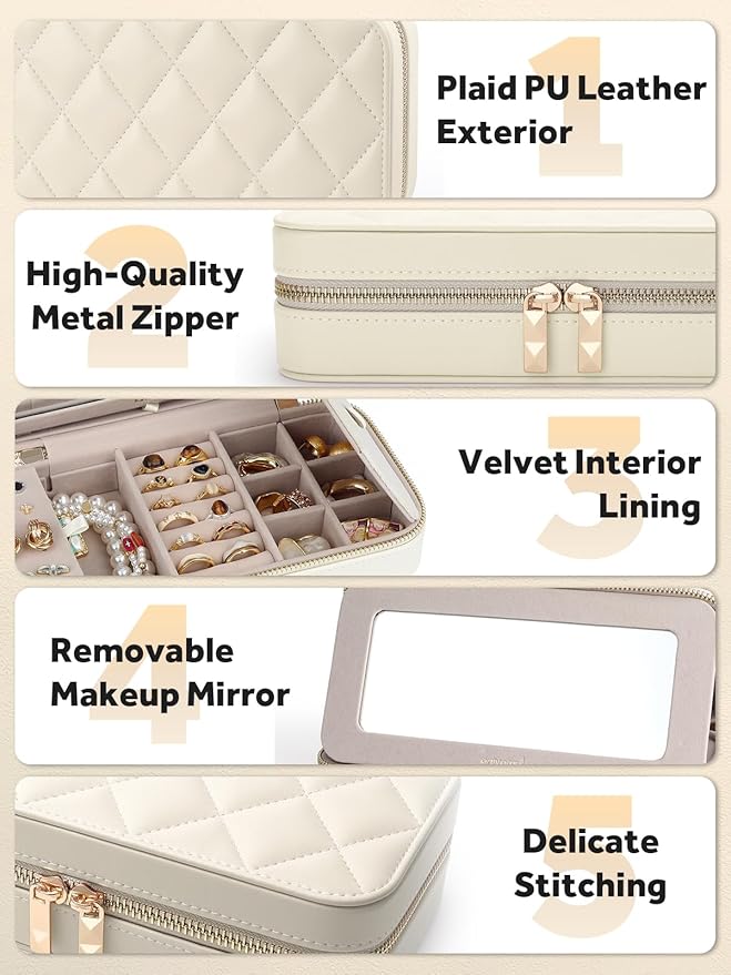 Travel Jewelry Case with Mirror, Quilted Small Jewelry Box Organizer for Women Girls, Portable Earring Necklace Bracelet Ring Holder Storage for Travel Weekend Trips (Beige)