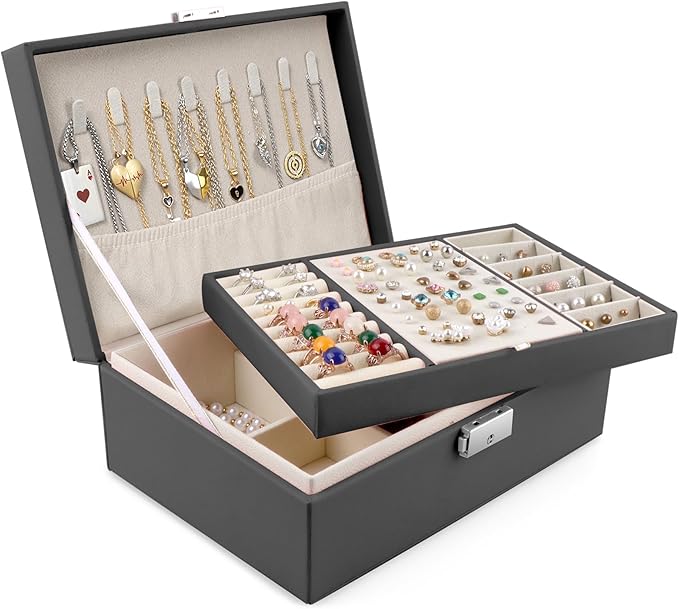 Homeanda Jewelry box 2 layer Jewelry box Leather Jewelry boxes for Women Girls Teens Jewelry organizer box Jewelry Storage box with lock(Black)