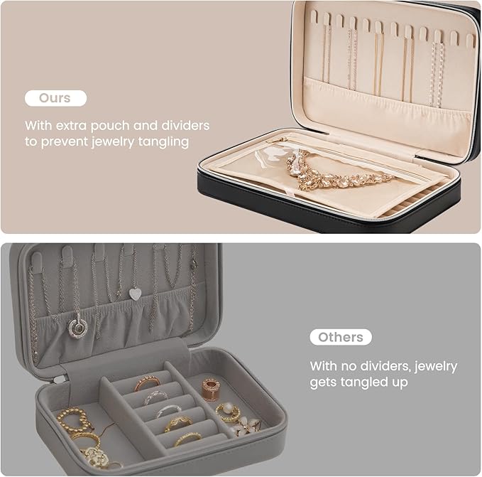 Lolalet Travel Jewelry Case for Women Girls, Travel Jewelry Organizer Box with Mirror & Clear Storage Bag, Small Portable Earring Necklace Bracelet Ring Case, Birthday Valentine Gifts -Large, Black