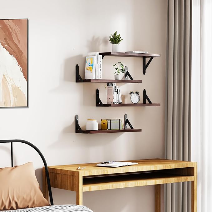ROMGUAR CRAFT Wood Floating Shelves Set of 4, Rustic Storage Decor Wall Shelves, Wall Mounted Shelf for Living Room, Bedroom 17" x 6", Brown