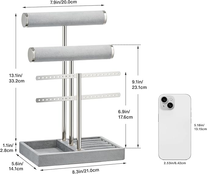 bussdis 3 Tier Bracelet Holder Display - Detachable T Bar Grey Velvet Bracelet Holder, Jewelry Holder Organizer for Bracelet, Necklace, Earrings, Rings
