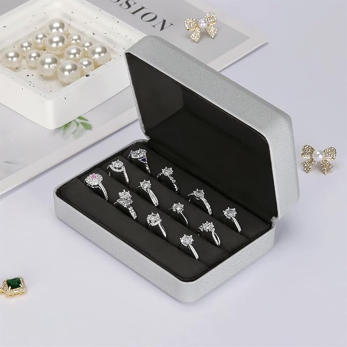 KUKUVR Velet Ring Storage Box for Multiple Rings, Travel Jewelry Stud Earrings Holder Case, 3 Slot Portable Ring Display Organizer Case (Silver)