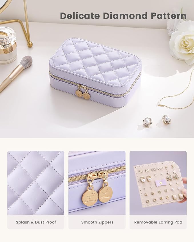 Lolalet Travel Jewelry Case for Women Girls, PU Leather Jewelry Organizer with Clear Storage Bag Small Portable Jewelry Box for Necklace Bracelet Earring Ring Mothers Day Birthday Gifts -Medium/Purple