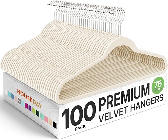 HOUSE DAY Premium Velvet Hangers 100 Pack Beige, Non-Slip Flocked Felt Hangers, Sturdy Clothes Hanger with 360° Rotatable Hook, Heavy Duty Durable Slim Coat Hanger for Closet Space Saving
