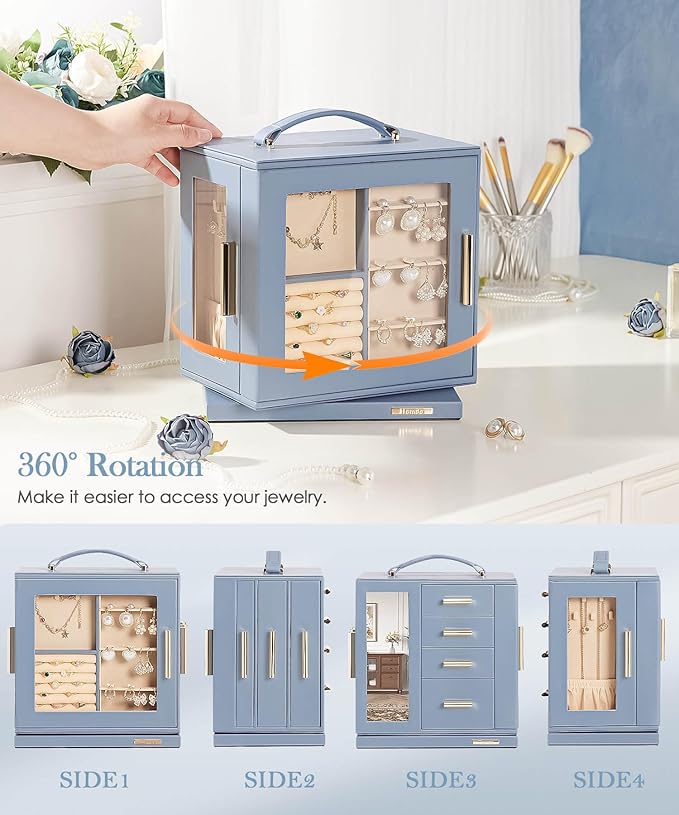 Homde Mothers Day Gifts Jewelry Box 360° Rotating, Necklace Earring Organizer with Transparent Window, Mirror, 7 Drawers, Large Ring Display Storage Case for Girls Women (Grey Blue)