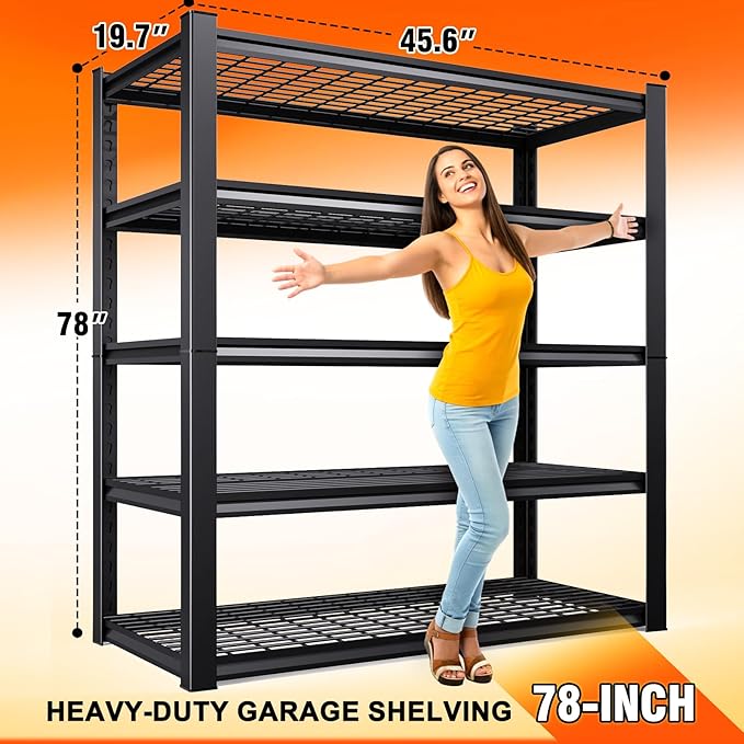 78 ''H Storage Shelves, 46‘’W Garage Shelving, Adjustable Garage Shelves, 3000lbs Heavy Duty Shelving ,5 Tier Garage Storage Shelves,Easy-To-Install Metal Shelf Storage Rack Shelving Unit for Kitchen