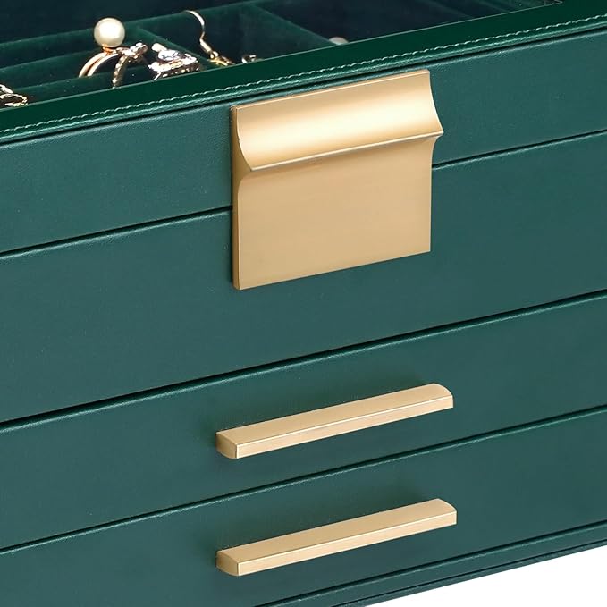 Somduy Jewelry Box Organizer for Women,3 Layers PU Leather Jewelry Storage Display Box with Glass Lid,Gift for people,3 Drawers,Large Capacity for Necklace Earrings Bracelets Rings, Dark Green