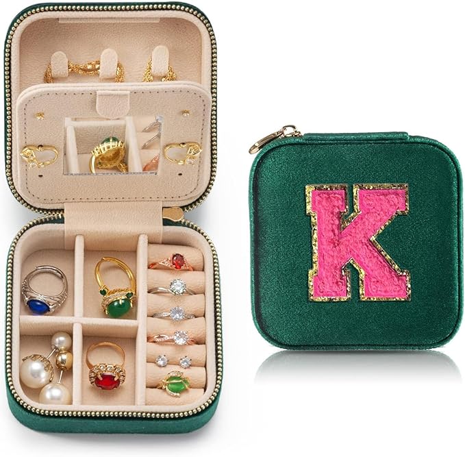 Personalized Velvet Travel Jewelry Case Box For Women Ring Necklace Earring Holder Organizer with Mirror Green Girls Box Birthday Gifts Mom Initial K