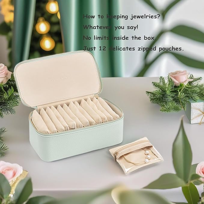 VLANDO Travel Jewelry Box Organizer – Portable PU Leather Jewelry Case with 6/8/12 Zippered Pouches, Compact Storage for Earrings Rings Necklaces Bracelets, Menthol Mambo