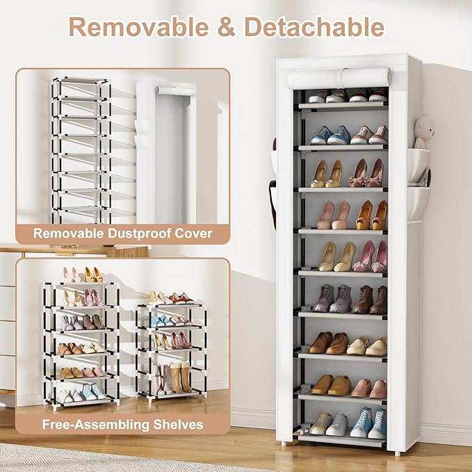 VILICK Shoe Rack with Cover Narrow Shoe Rack Organizer with 4 Side Pockets 10 Tier Tall Shoe Storage Shoe Shelf Holds 18-22 Pairs Shoes and Boots Shoe Rack for Closet, White