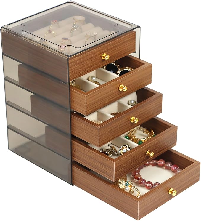 Fordonral Earring Jewelry Organizer Box with 5 Drawers, Plastic Jewelry Storage with Asjustable Velvet Trays, Multiple Display Holder for Earrings Ring Bracelet Necklace (Small-5-Drawer)