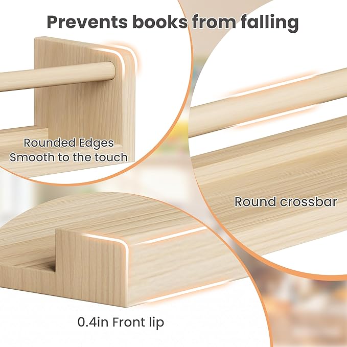 upsimples 2 Pack Nursery Book Shelves, 23.6 Inch Floating Bookshelves for Wall, Baby Nursery Decor, Small Solid Wood Wall Mounted Shelves for Baby Kids Boys Girls, Natural