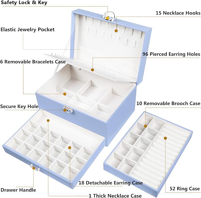 QBestry Earrings Jewelry Box for Girls, 5 Layers Jewelry Organizer with Earring Holder Organizer for Girls Earring Organizer Jewelry Boxes for Women Earrings and Necklaces Jewelry Box Organizer Blue