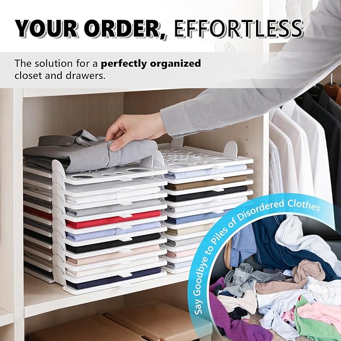 Accenter 10Pc Stackable Closet Organizer & Shirt Folder Board Bundle Tshirt Organizer for Closet Organizers and Storage Clothes Folding Board for Closet Storage Suitable for Lightweight Clothing Black
