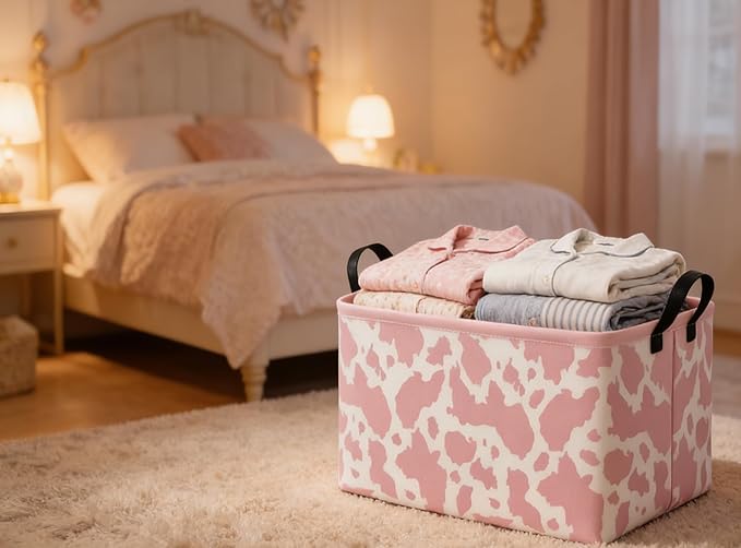 Rectangular Cow Baskets Pink Basket Cute Storage Bins Organizer Box Girls Room Decor for Home.(Pink cow)