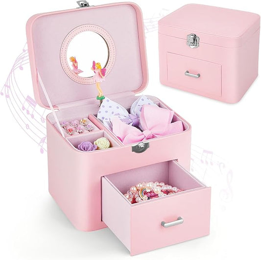 Basumee Musical Jewelry Box for Girls PU Leather Music Box with Drawer Large Kids Jewelry Organizer with Unicorn/Ballerina Jewelry Storage for Little Girls Ages 3–10, Birthday & Holiday Present