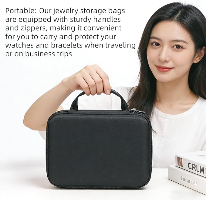 Portable Travel Jewelry Box Bracelet Display Holder with 2Rods for Watch Bangle Jewelry Organizer Storage Bag Women Men Black