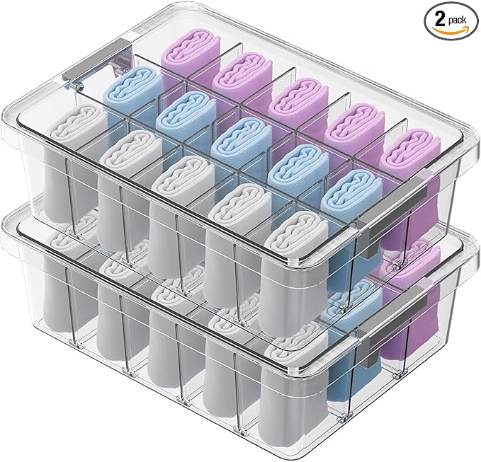 Socks Bra Underwear Drawer Organizer for Closet, 2 PCS Plastic Storage Box with 15 Removable Compartments and Lid, Clear Dresser Drawer Organizer Storage Container with Dividers for Sock Ties Belts