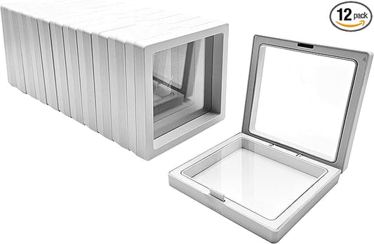 12PCS 3D Floating Frame Display Stand, Jewelry Box, Gift Box, Ornament Organizer, Small Travel Jewelry Box, PE Film Anti-Oxidation, Suspended Display Box Stackable (White, 3.54 * 3.54)