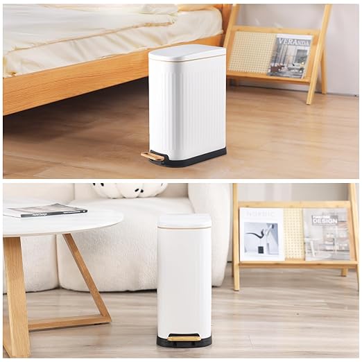 SYNCVIBE Slim Bathroom Trash Can with Soft Close Lid Stainless Steel Garbage Can Step Trash Bin with Removable Inner Bucket for Bedroom, Office, Kitchen (Matt White, 3.5 Gallons)