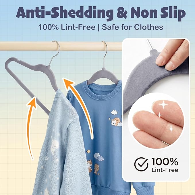 HOUSE DAY 14 Inch Kids Velvet Hangers 50 Pack, Durable Big Kid Hangers for Youth, Teen, Non Slip Kids Felt Hanger, Cute Childrens Hanger for Closet, Grey