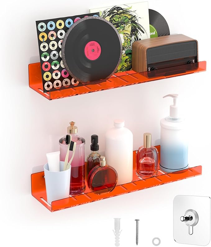 LAZYROSY 2 Pack Floating Shelves– 15'' Orange Acrylic/PET Wall-Mounted No Drill Storage with Adhesive, Bathroom & Bedroom Shelving for Kitchen, Living Room, Home Decor
