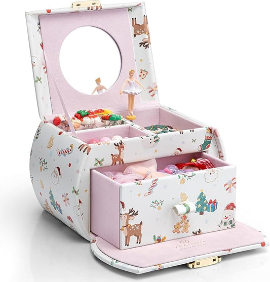 Vlando Kids Musical Jewelry Box for Girls with Drawer, Music Box with Ballerina and Stickers for Birthday Bedroom Decor, Christmas Gifts for Girls Kids - Christmas White