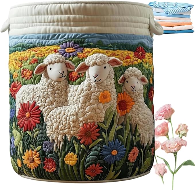 Quilted Laundry Basket with Handles, Boho Floral Fabric Storage Hamper, Large Soft Quilted Laundry Basket for Nursery, Bedroom, Laundry Room,Clothes & Toys (H, M)