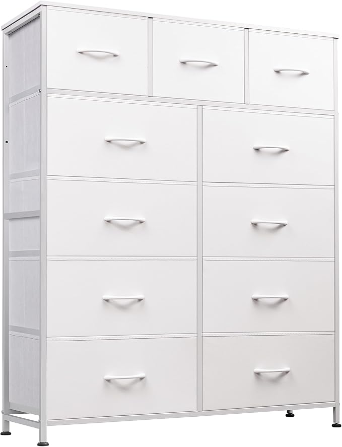 WLIVE Tall Dresser for Bedroom, Fabric Dressers Storage Tower, Dresser & Chest of Drawers Organizer Unit with 11 Drawers, Storage Cabinet, Hallway, Closets, Steel Frame, Wood Top, White