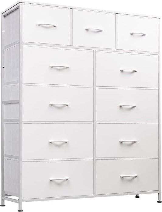 WLIVE Tall Dresser for Bedroom, Fabric Dressers Storage Tower, Dresser & Chest of Drawers Organizer Unit with 11 Drawers, Storage Cabinet, Hallway, Closets, Steel Frame, Wood Top, White