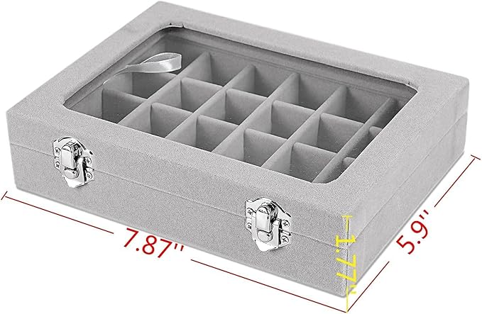 Jewelry Box 24 Grid Velvet Jewelry Tray for Drawers Glass Clear Lid Showcase Display Storage Ring Trays Holder Earrings Organizer Case(Grey)
