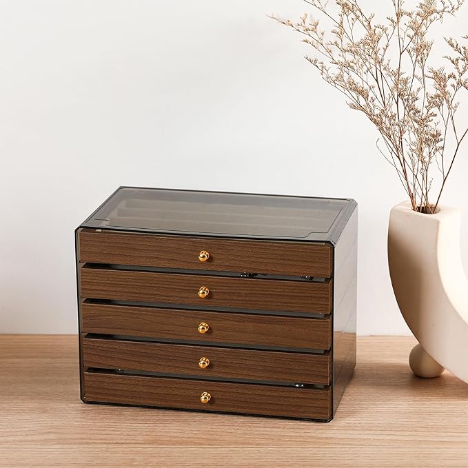 CLUQMEIK 5 Layer Necklace Jewelry Box, Vintage Wooden Jewelry Box with Acrylic Cover Stackable Necklace Storage Organizer for Women and Girls to Storing Necklaces