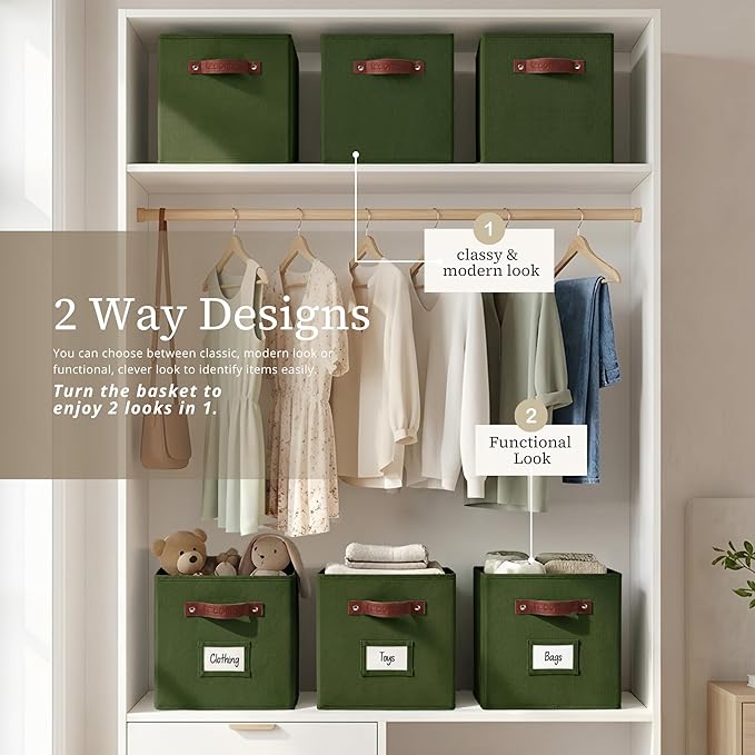 DECOMOMO Storage Baskets, 13x15x13 Storage Cube Bins with Labels for Organizing Shelves Kallax (Kallax / 4pcs, Olive Green)