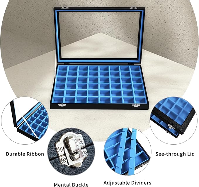 Stratalife Jewelry Organizer 48 Grid Jewelry Tray with Clear Lid Dust-proof Velvet Earring Organizer Necklace Rings Holder Display Drawer Storage Case for Women Blue Black