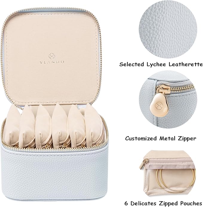 VLANDO Travel Jewelry Box Organizer – Portable PU Leather Jewelry Case with 6/8/12 Zippered Pouches, Compact Storage for Earrings Rings Necklaces Bracelets, Baby Blue