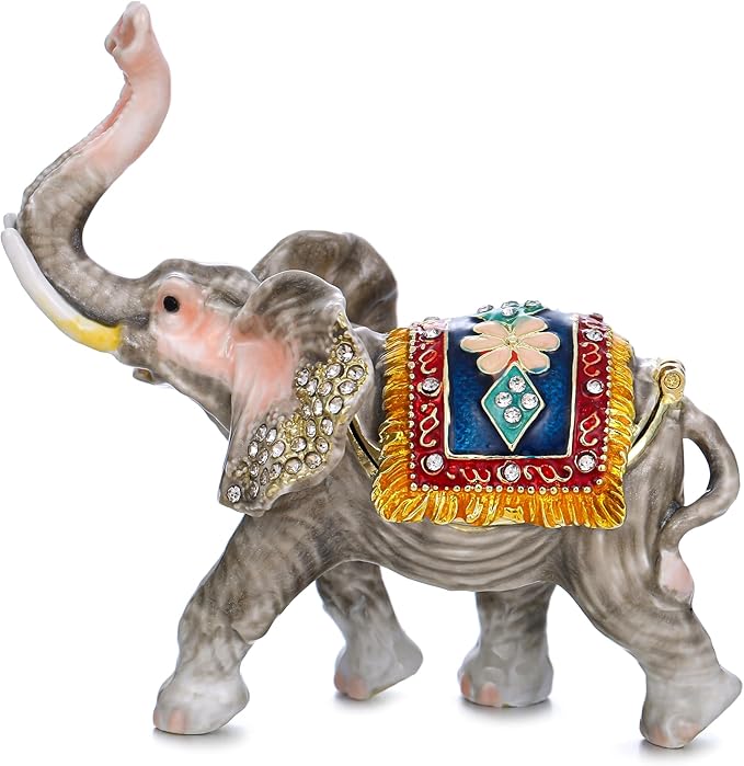 Hand Painted Animal Trinket Box for Home Decor, Hinged Jewelry Organizer Storage, Unique Personalized Collectible Keepsake Figurine Handmade Decorative Ornament Gifts (Lucky Elephant)