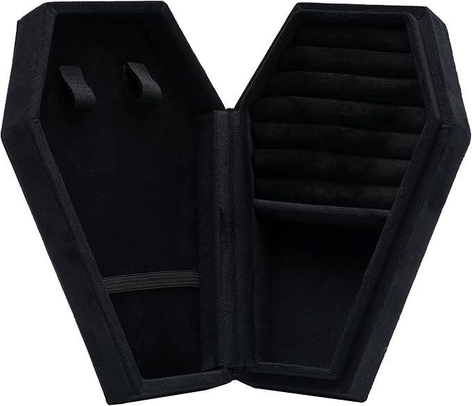 Velvet Coffin Jewelry Travel Case Holder for Gothic Wedding Ceremony Jewelry Organizer Decoration (Black)